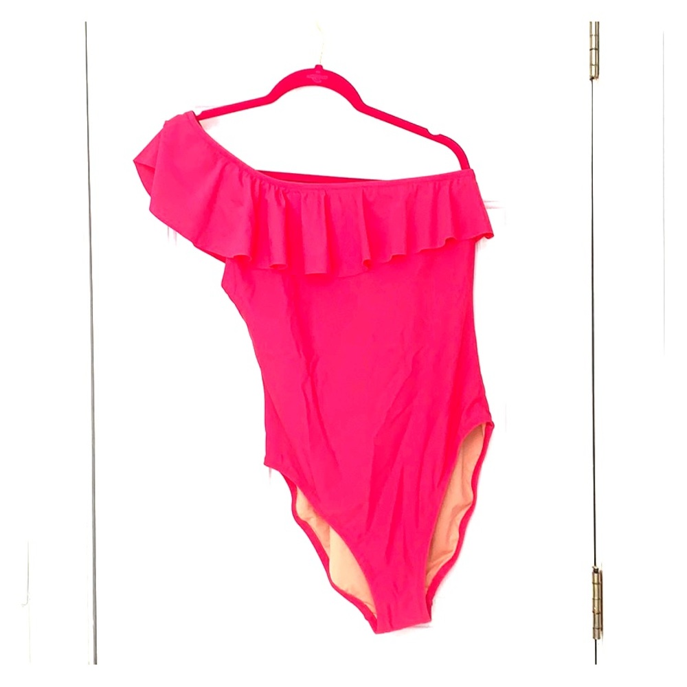 J crew One Shoulder Ruffle Pink One Piece Swimsuit